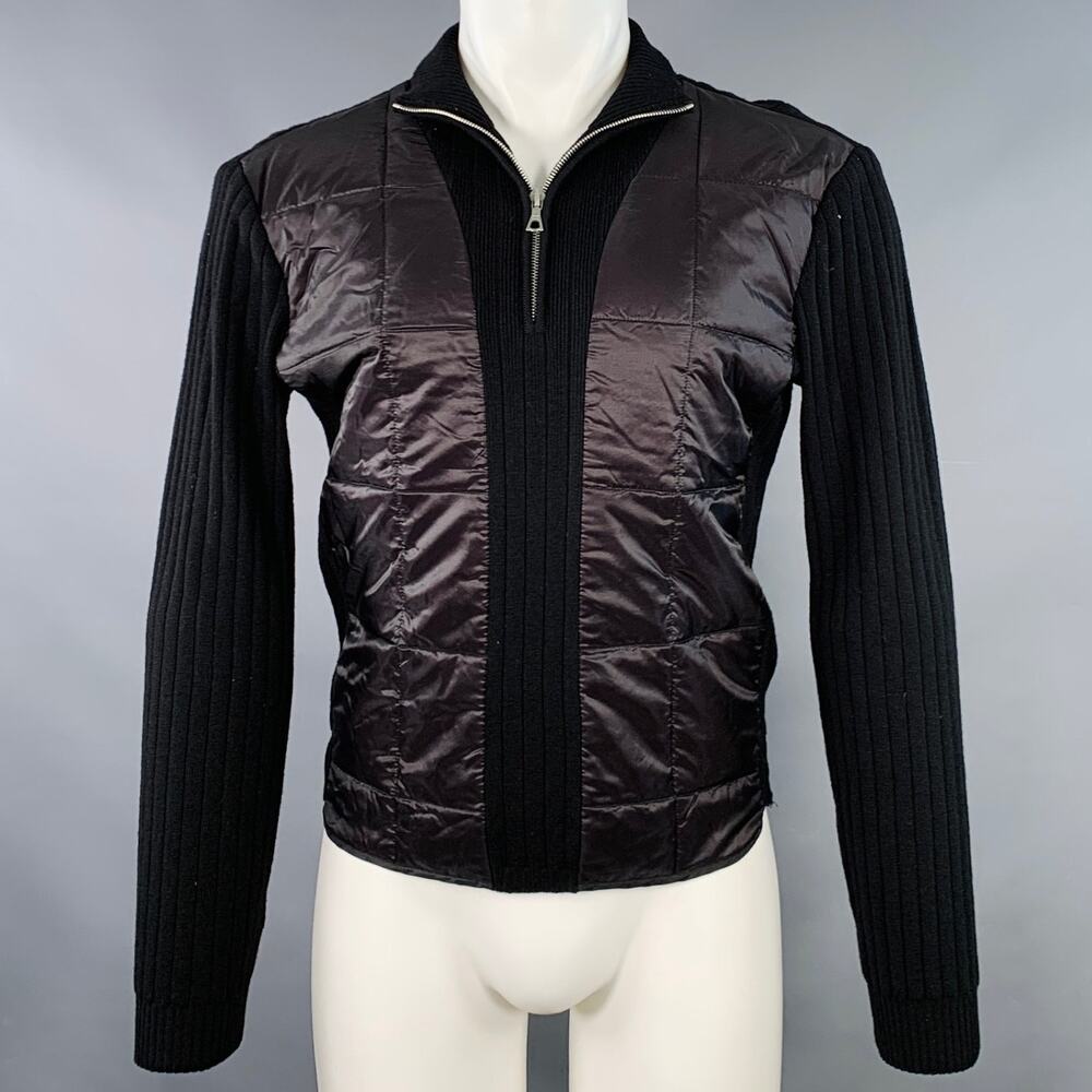 DRIES VAN NOTEN Size M Black Rib Knit Polyamide Blend Quilted 1/4 Zip Pullover